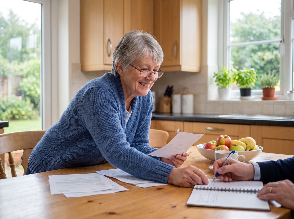 Symbolbild: Eine Frau geht am Küchentisch ihre Versicherungsunterlagen mit einem Berater durch