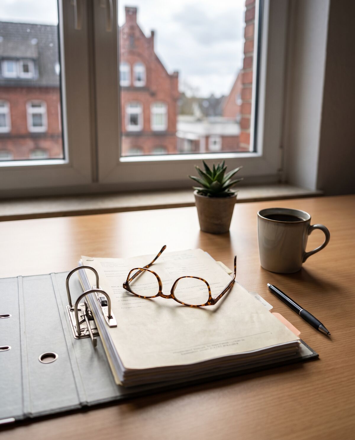 Symbolbild: Schreibtisch mit Ordner, Lesebrille und Kaffeetasse am Fenster