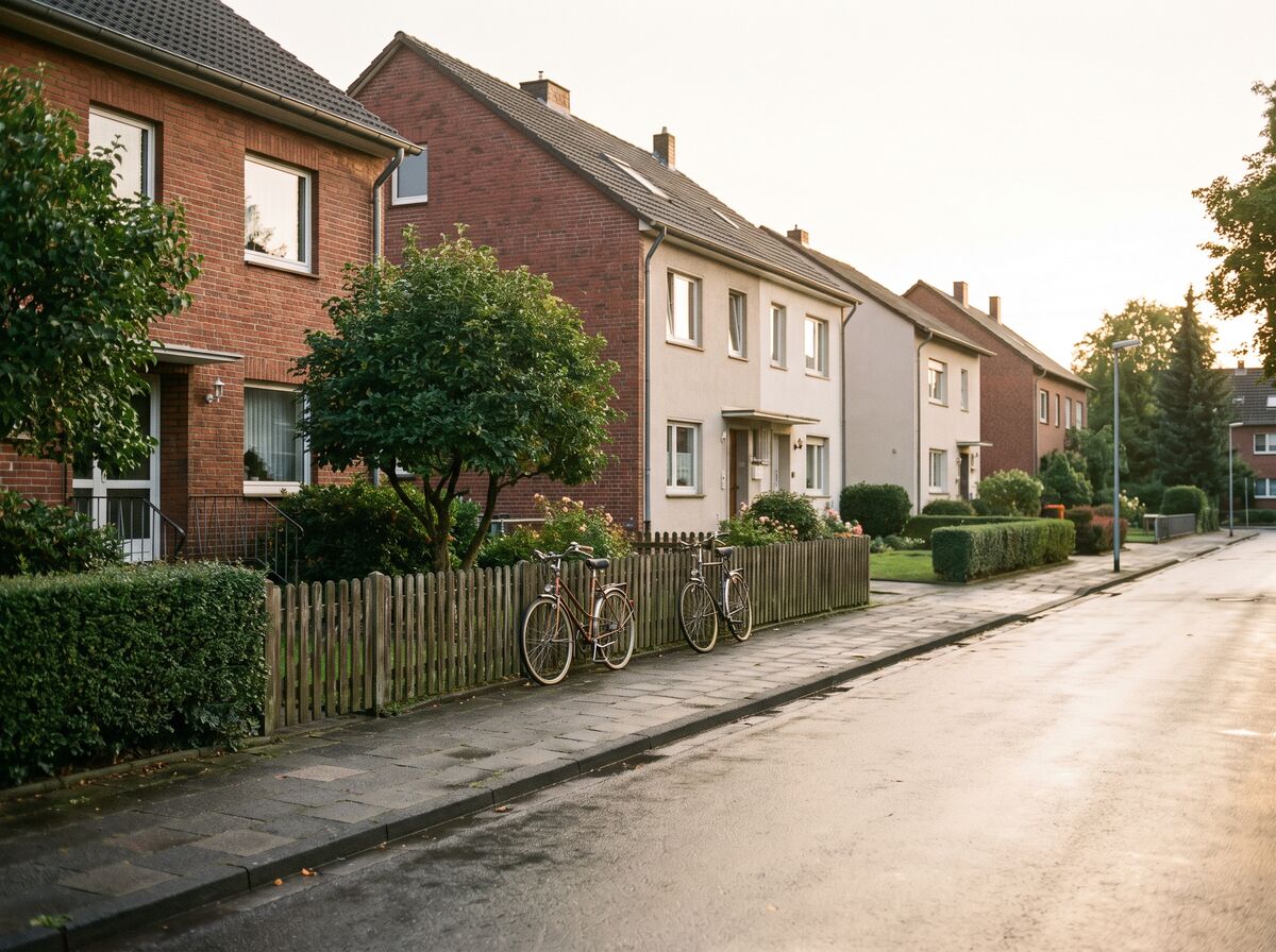 Symbolbild: Ruhige Wohnstraße mit Backsteinhäusern im Abendlicht