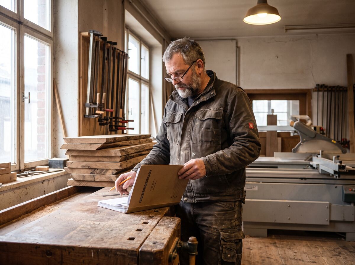 Symbolbild: Schreinermeister mit Ordner in seiner Werkstatt